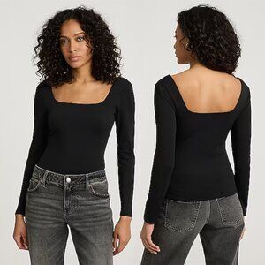 Express Black Body Contour High Compression Square Neck Long Sleeve Top - Size M